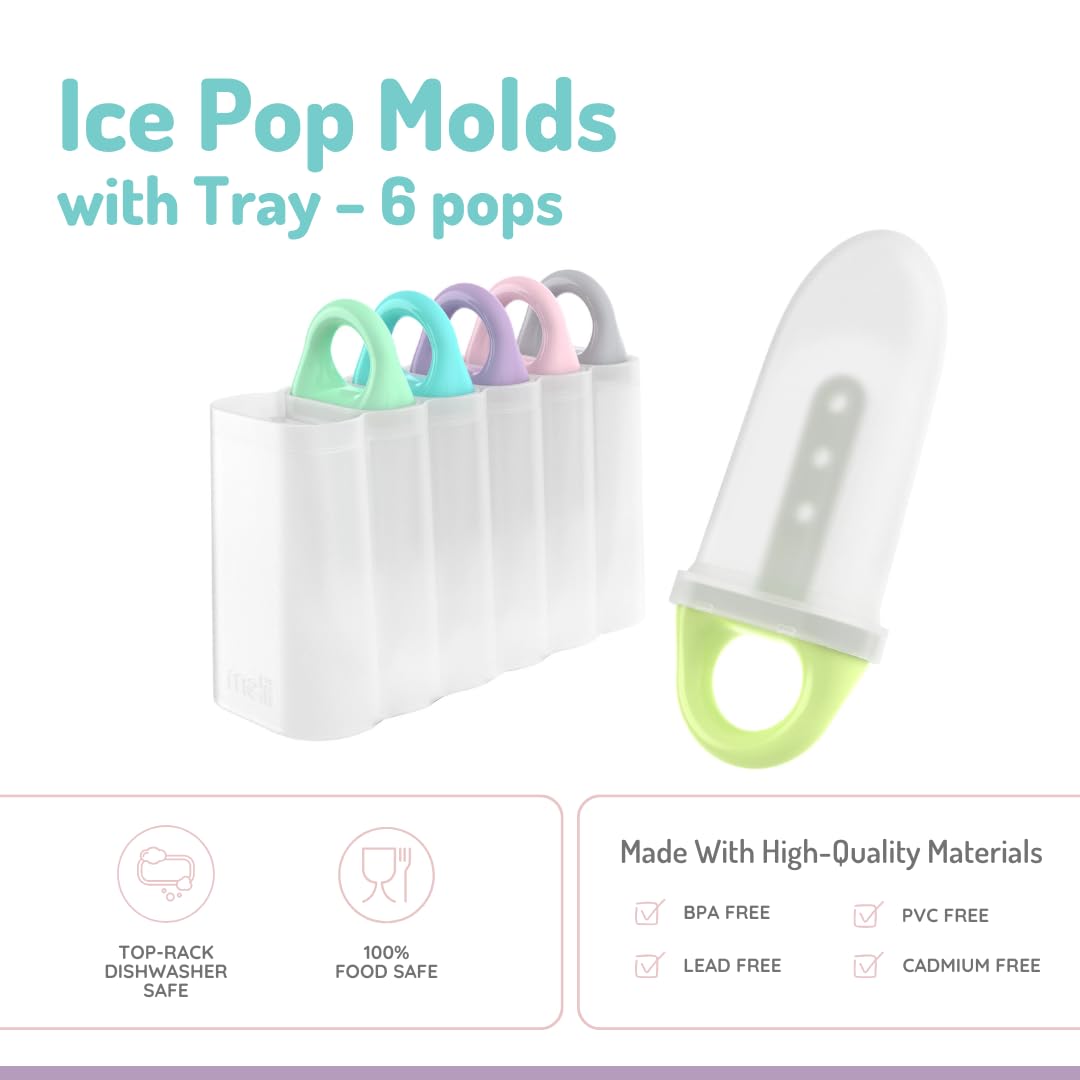 melii Ice Pop Molds with Tray, 6 Make-Your-Own Popsicle Molds, Easy-to-Hold Loop Handles, Drip Guards, Easy Release