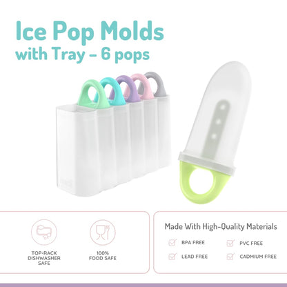 melii Ice Pop Molds with Tray, 6 Make-Your-Own Popsicle Molds, Easy-to-Hold Loop Handles, Drip Guards, Easy Release