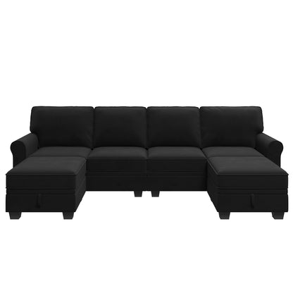 HONBAY Sectional Sofa with Storage Seat Velvet U Shaped Couch with Reversible Chaise Convertible Sectional Couches for Living Room,Black Velvet