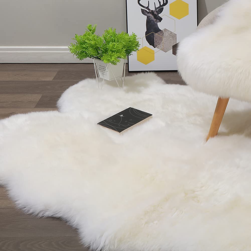 LLB Genuine Sheepskin Area Rug Wool Rug Fur Carpet Fluffy Shaggy Fur Rug for Living Room Kids Bedroom Real Sheepskin Throw Lambskin Rugs Sofa Mat Chair Seat Covers (Ivory White, 4 x 6 ft Sheepskin)