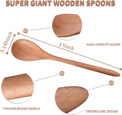 Big Wooden Spoon for Cooking, 17-Inch Kitchen Serving Scoop for Big Pot, Heavy Food Service Spoon