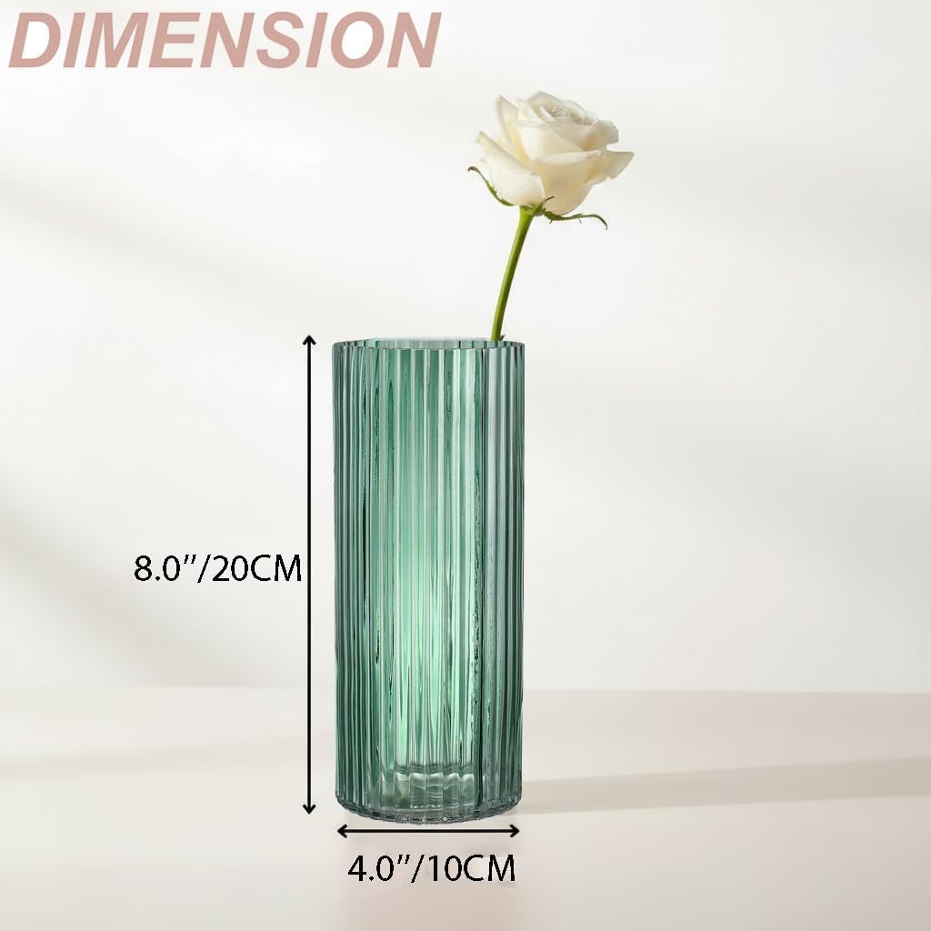Set 3, 8 Inches Green Glass Vases, Flower Vases of Ribbed Glass Vase for Tulips, Tall Cylinder Glass Vases for Living