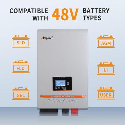 Ampinvt 3500W Low Frequency Solar Inverter 48V DC to 120V AC, Off Grid Pure Sine Wave Inverter Charger Built-in 80A MPPT Solar Controller and 35A AC Charger, Support Lead Acid Lithium Gel Battery