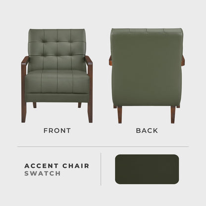 Lexicon Modern Accent Chair, Luxury Genuine Leather Match Living Room Chair with Tufted Cushions, Solid Wood Frame and Arm Rest, Comfy Upholstered Single Seat for Bedroom/Reading/Office, Green