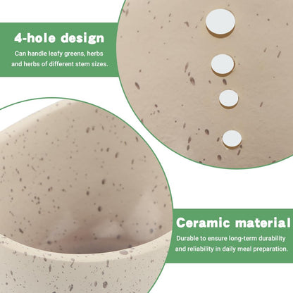 Pottery Herb Stripper Bowl, Handmade Herb Stripper Ceramic Bowl with 4-Slot Different Hole Sizes for Kale, Herbs & Broccoli, Efficient Peeling Off the Leafy Assembly(White)