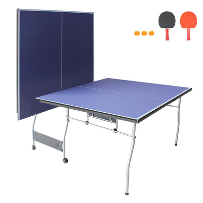 Compact Ping Pong Table, 8ft Mid-Size Indoor/Outdoor Table Tennis Game Set, Foldable, Portable Table Tennis Table with Net, 2 Table Tennis Paddles and 3 Balls, Blue