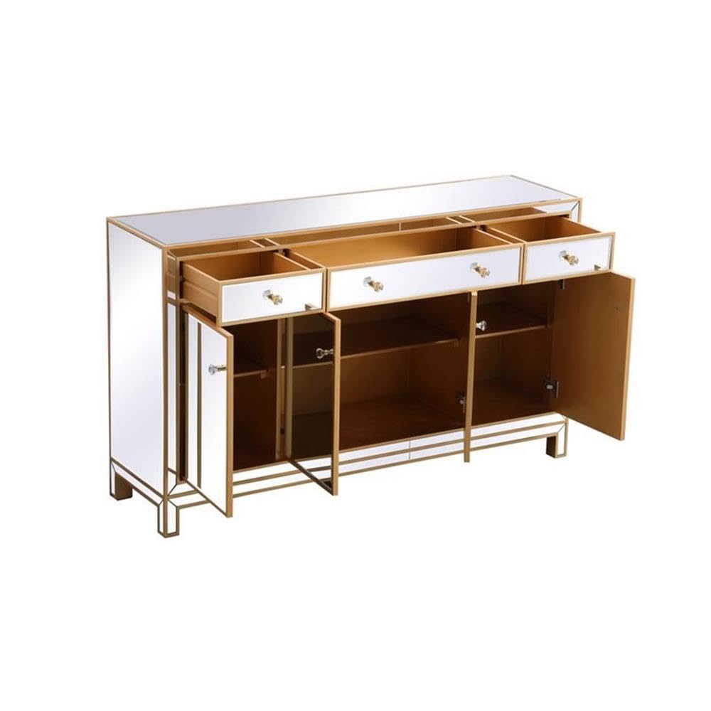 Pemberly Row Modern 60" Metal and MDF Mirrored Credenza, Gold Finish, 4 Doors, 3 Shelves, Rectangle Shape, Soft Closing Hand-Painted Storage Cabinet for Living Room, Dining Room, or Entryway Use