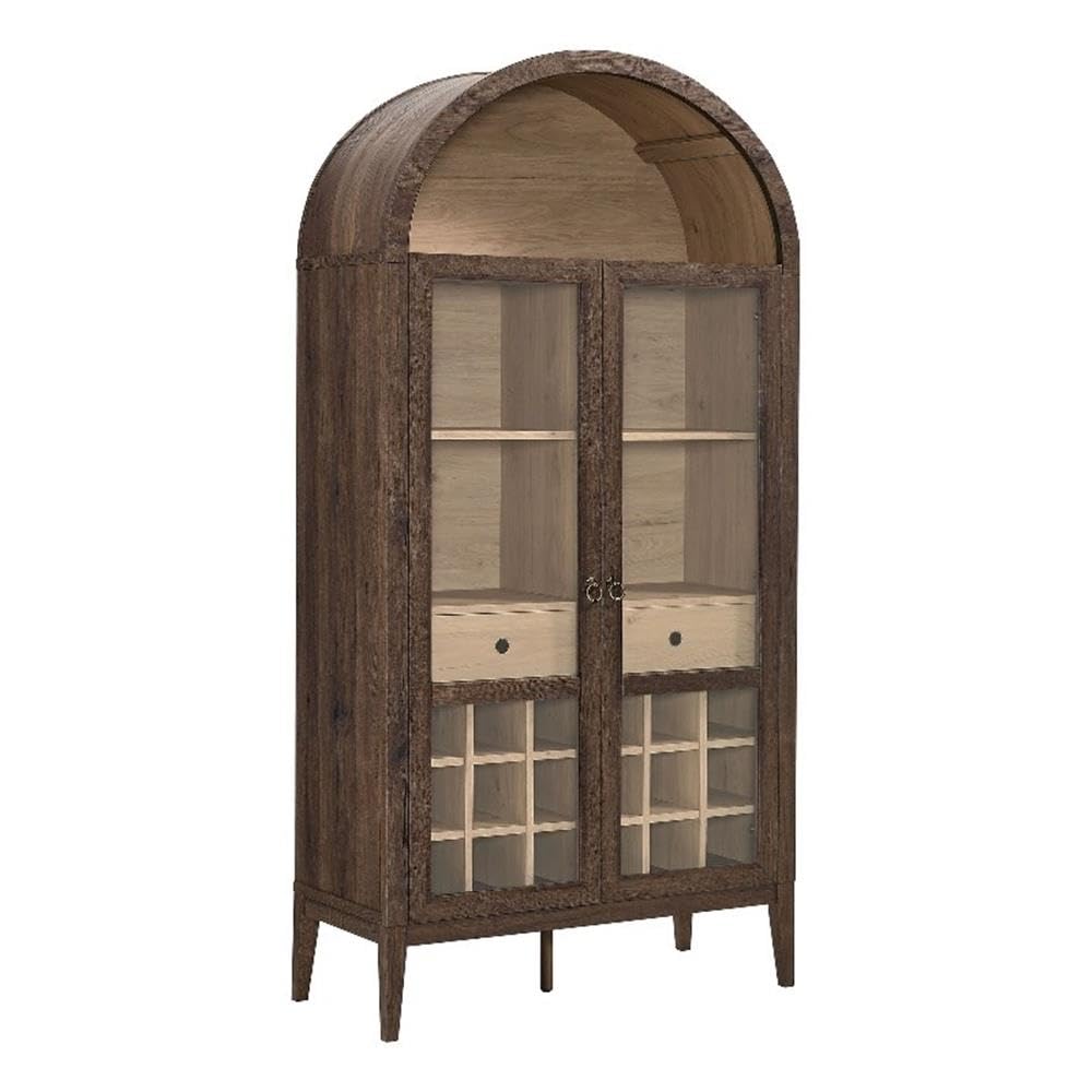 Modway Nolan Modern Farmhouse Arched Bar Cabinet in Dark Walnut Wood Grain - 72 Inch Tall Wine Storage Cabinet with Glass Doors and Wine Rack - Large Liquor Cabinet for Dining or Living Room