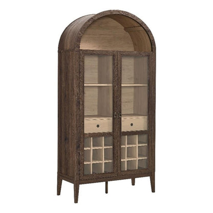 Modway Nolan Modern Farmhouse Arched Bar Cabinet in Dark Walnut Wood Grain - 72 Inch Tall Wine Storage Cabinet with Glass Doors and Wine Rack - Large Liquor Cabinet for Dining or Living Room