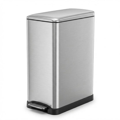 Home Zone Living 13 Gallon Slim Kitchen Trash Can with Dual Compartments for Trash and Recycling, Soft Close Lid, Step Pedal, Stainless Steel, Silver
