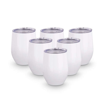 PYD Life Sublimation Blanks Wine Tumbler Cups White 12 OZ Stainless Steel Insulated Stemless Mugs with Lid 6 Pack