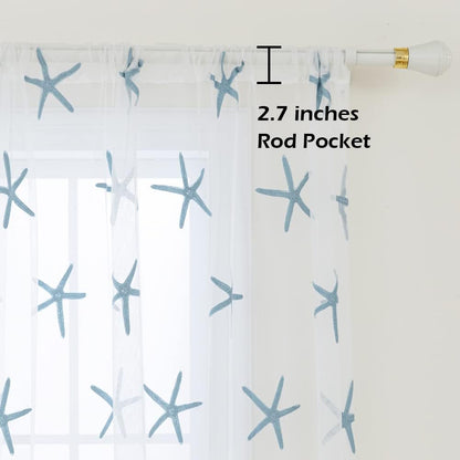 Embroidered Teal Starfish Sheer Curtains, 84 Inch Long Rod Pocket Drapes for Living Room, 52 x 84 Inch 1 Panel