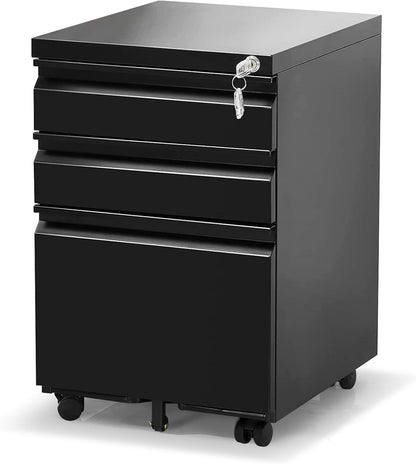 Oasecrilio 3 Drawer Filing Cabinet, Mobile Filing Cabinet for Home Office, Locking File Cabinets for A4/Letter/Legal Size File Folders, Fully Assembled, Matte Black