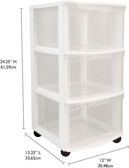 Gracious Living Classic 3 Drawer Organizer Cart, Plastic Storage Dresser with Caster Wheels for Home and Office
