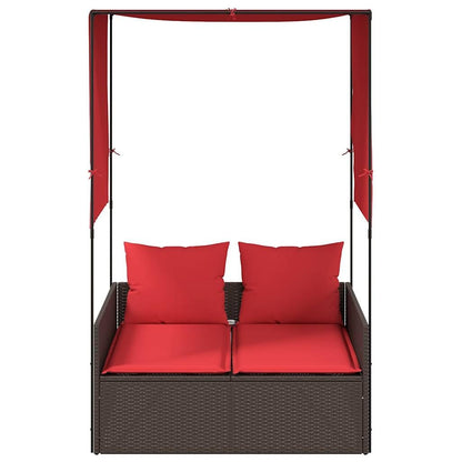KNERPWD Double Sun Lounger with Cushions for Patio, Brown Red Outdoor Lounger for Two, Metal Frame and Synthetic Rattan Sunbed for Garden or Pool