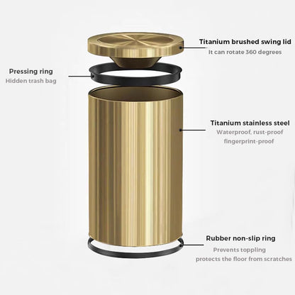 LEASYLIFE 9L/2.4Gal Gold Trash Can,Brass Bathroom Garbae Can with Flipping Lid,Small Brass Garbage Can for Office, Laundry Room,Bedroom,Hotel