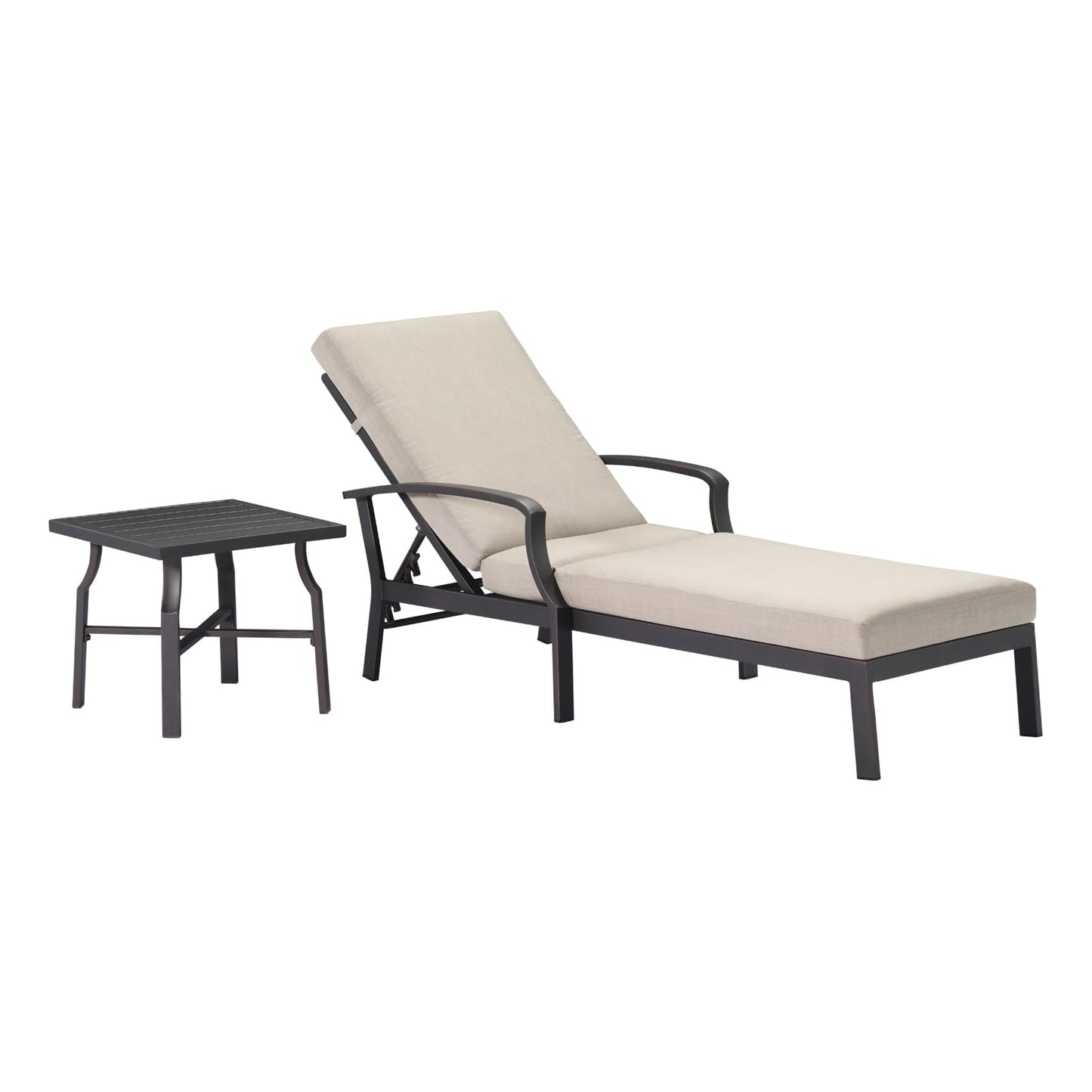 SEEHILL 2 Pieces Lounge Chair Set, Outdoor Chaise Lounge Set, Never-Rust Aluminum Pool Lounge Set with Gray Cushion, 6-Position Adjustable Patio Chaise with Outdoor Side Table for Poolside, Gunmetal