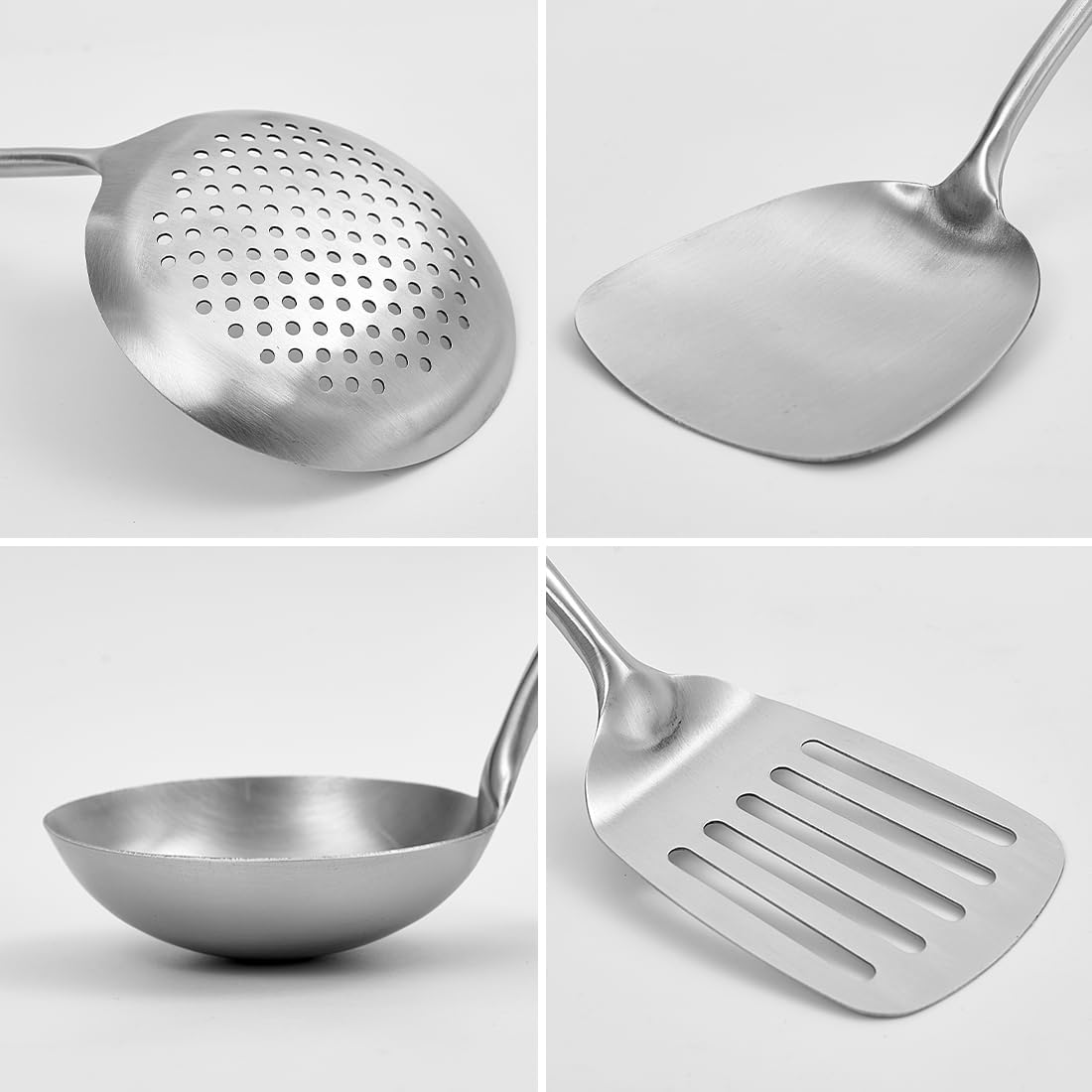 Stainless Steel Kitchen Utensil Set, 4 Pcs Cooking Cookware Set with Heat Resistant Wooden Hand