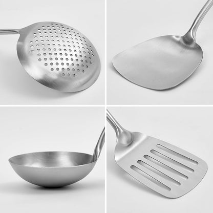 Stainless Steel Kitchen Utensil Set, 4 Pcs Cooking Cookware Set with Heat Resistant Wooden Hand