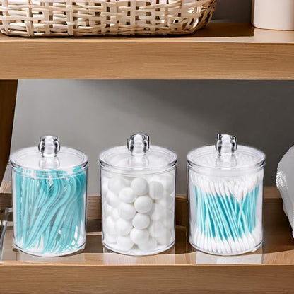 WEISHI Qtip Holder Dispenser - Clear Plastic Apothecary Jar for Cotton Balls, Swabs & Pads | 4 Pack Bathroom Storage