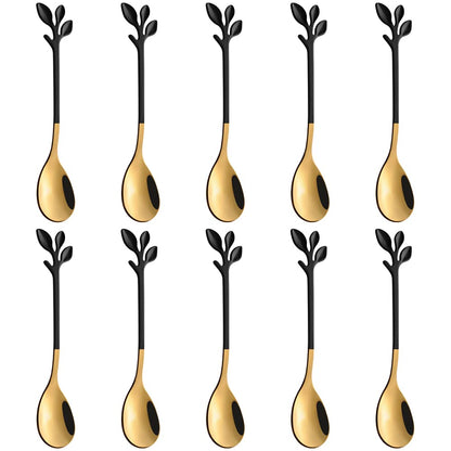 AnSaw Small Coffee Spoon Holder Set,Black Swan Base With 10 Pcs Black & Gold Demitasse Espresso Spoons Set,4.7" Mini Leaf Dessert Spoon,Stainless Steel Tea Spoons