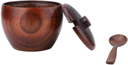 Solid Wood Sugar Bowl, Salt Box with Lid and Spoon - Kitchen Seasoning Containers