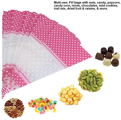 FTVOGUE 50 Piece Clear Cone-Shaped Treat Bags with Twist Ties, Cellophane Candy Bags (Pink)