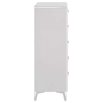 Coaster Home Furnishings - Cassia - Wood - 5-Drawer Chest with Black Felt-Lined Top, V-Patterns Front, U-Shaped Pulls, Tapered Legs and Contemporary Style - Bedroom - White High Gloss - 215795