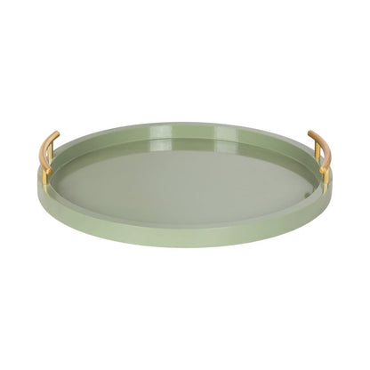Kate and Laurel Halsey Decorative Wooden Round Tray with Polished Metal Handles, 16 Inch Diameter, Sage Green and Gold, Modern Glam Circle Serving Tray for Use as Ottoman Topper or Coffee Table Accent