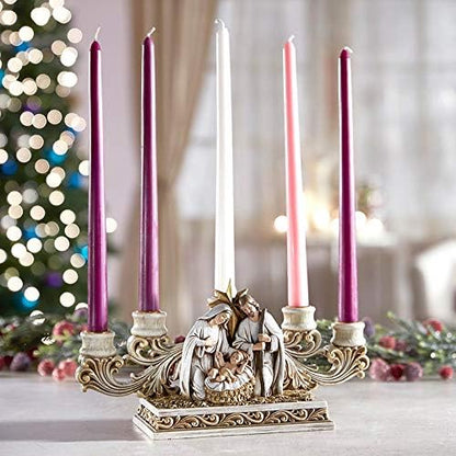 Needzo Advent Candle Holder - Gold Tone Holy Family Nativity Scene Centerpiece | 11 x 6.5 Inches