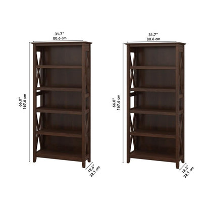 Bush Home Key West 5 Shelf Bookcase - Set of 2 | Tall Bookshelves in Bing Cherry | Sturdy Display Shelves for Library, Living Room, and Home Office