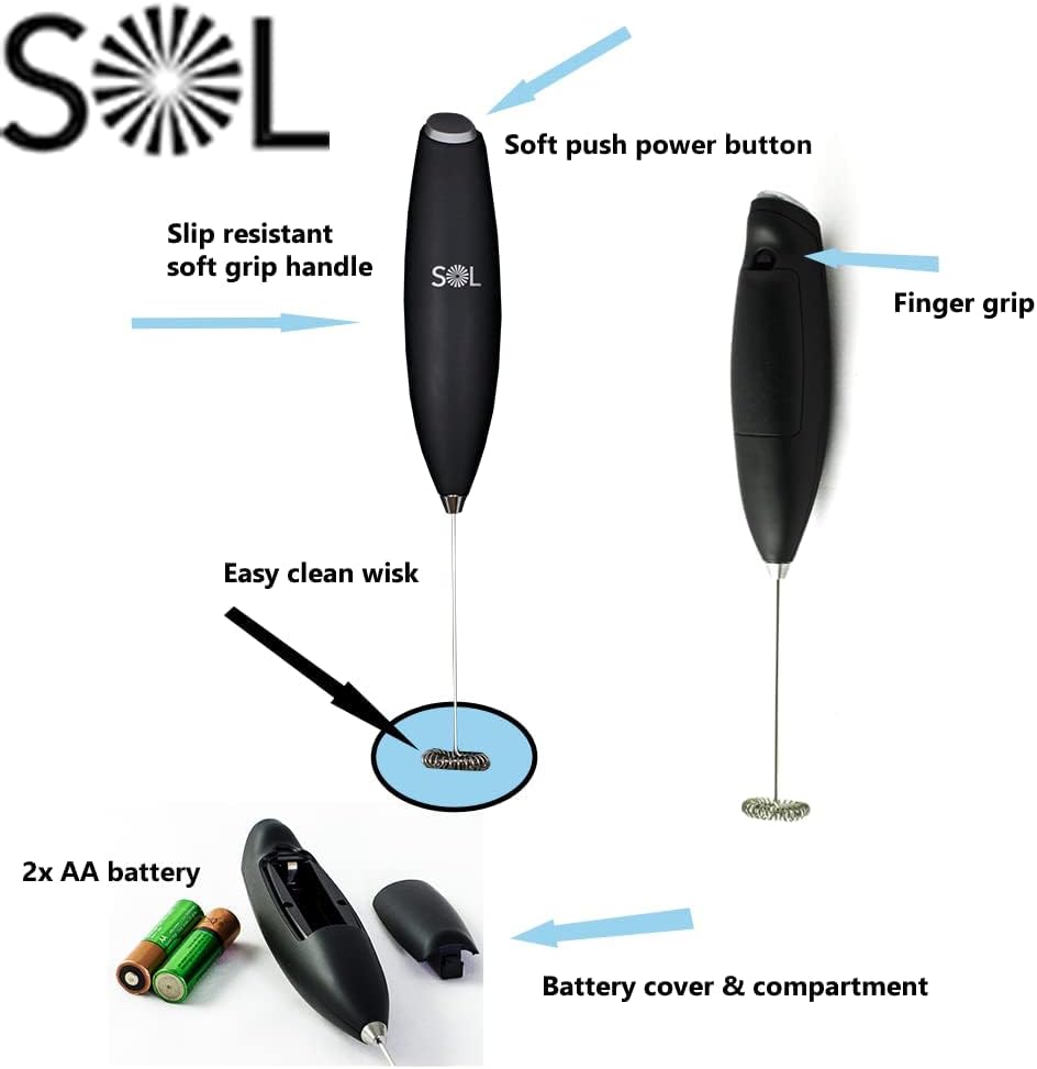 SOL Coffee Set Battery Operated Handheld Milk Frother with Stainless Steel Whisk, Mixer for Coffee Blending (Black)