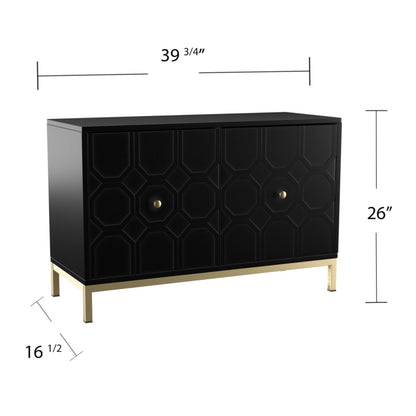 Hassyee Modern Design Two Carved Door Accent Cabinet with Metal Base, Space Saving Floor Display Cabinet for Stemware, Board Games, or Movie Collection