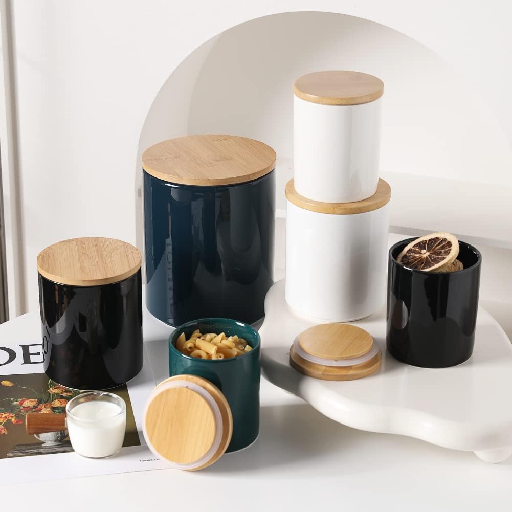 Set, Set 4 Sweejar Kitchen Canisters Ceramic Food Storage Jar Stackable Containers with Airtight Seal Wooden Lid