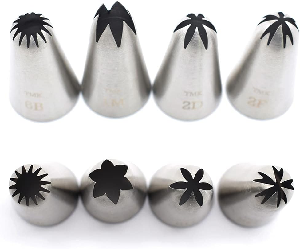 4 Pack Stainless Steel Seamless Piping Icing Tips #1M, 2D, 2F, 6B, Large Nozzle Cake Decorating Tools for Bakers