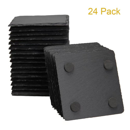 MONKEY SUN 24 Pack 4 x 4 Inch Gorgeous BlackSlate Stone Coasters Bulk Square Coaster forLaser Engraving,Painting,Drink Bar KitchenHome,DIY Handmade Natural Rough Edge,Set of 24