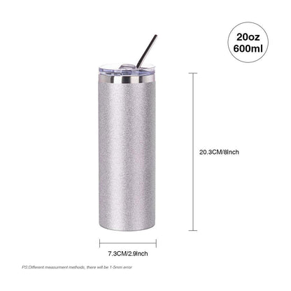 PYD Life Sublimation Blank Glitter Skinny Tumbler Silver 20 OZ Straight Stainless Steel Coffee Cups with Lid and Metal Straw for Tumbler Heat Press Sublimation Oven Printing 4 Pack