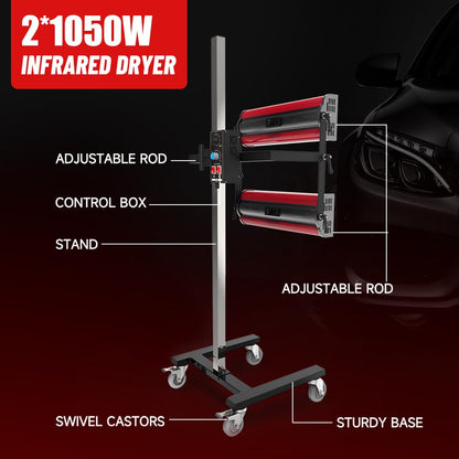 pakowin Infrared Paint Curing Lamp - 2100W 110V Short Wave Infrared Heating Light Equipped with Four Caster Wheels - with Timer and Height Adjustable - for Car Paint Booth