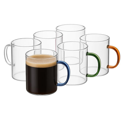 CORIYA Glass Coffee Mugs Set of 6 with Handle Tea Cups for Latte Espresso Cappuccino Hot Beverages Mocha