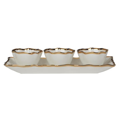 Regency Gold 4pc Porcelain Tray & Cond. Bowls Set, 14" Tray with 4.25" Bowls, Scalloped Edges & Metallic Gold Rim, Elegant Serveware for Dips, Sauces & Appetizers, Perfect for Entertaining & Holidays