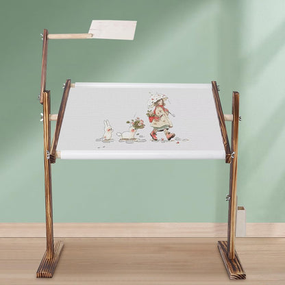 Adjustable Wooden Cross Stitch Frame Stand with Scroll Bar & Side Pocket - Pine Embroidery Desktop Holder for Sewing Craft Tools (120 Characters)