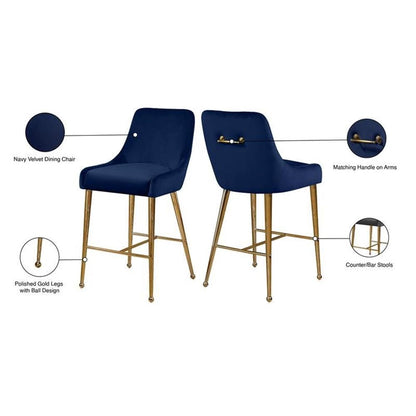 Meridian Furniture Owen Collection Modern | Contemporary Velvet Upholstered Counter Stool with Polished Gold Metal Legs, Set of 2, 23" W x 21" D x 40" H, Navy