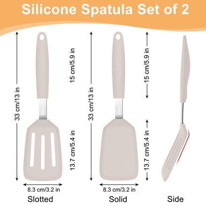 Beijiyi 2 Pack Silicone Spatula Set, 600°F Heat Resistant Spatulas for Cooking, BPA Free Kitchen Utensils, Solid & Slotted Flexible Turner for Non Stick Frying Pan, Flipping Eggs, Pancakes (Khaki)