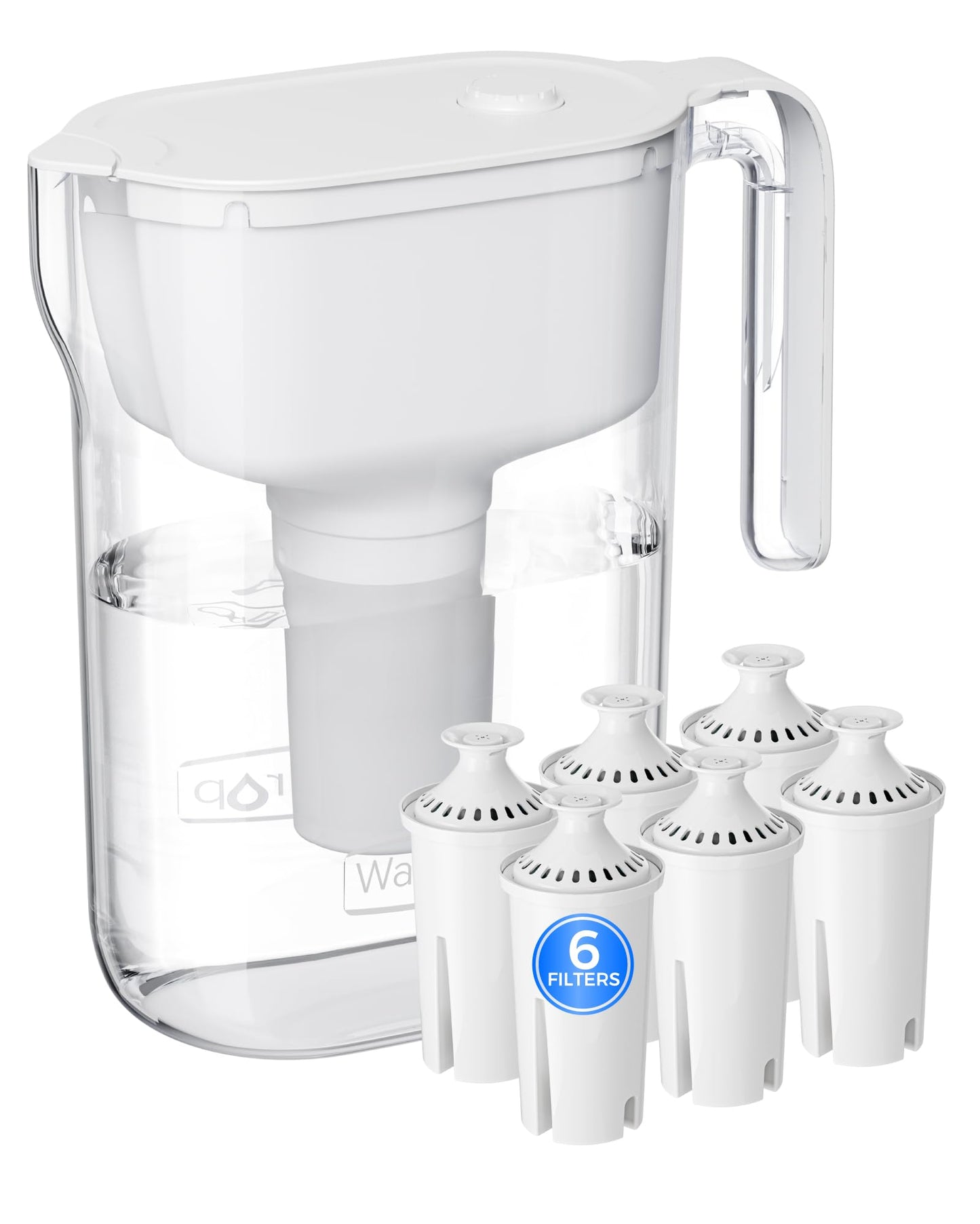 Waterdrop PT-11W 7-Cup Water Filter Pitcher with 6 Replacement Filters, Can Work with Brita® Water Pitchers & Filters, BPA-Free, Fast Flow, Reduces Chlorine and Lead, Up to 12 Months, White