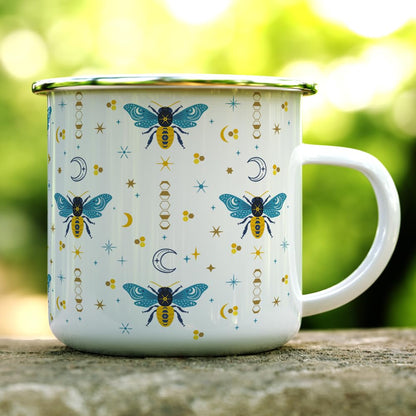 Celestial Bee Pattern Enamel Camping Coffee Mug, Honeycomb Moon Stars Gift Cup for Friends and Coworkers