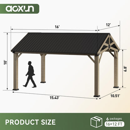 Aoxun 12' x 16' Outdoor Wood Gazebo, Permanent Cedar Wooden Pavilion with Galvanized Steel Hardtop Gable Roof, Heavy Duty Patio Gazebo for Garden, Backyard, Deck, Lawn and Outdoor Living Space