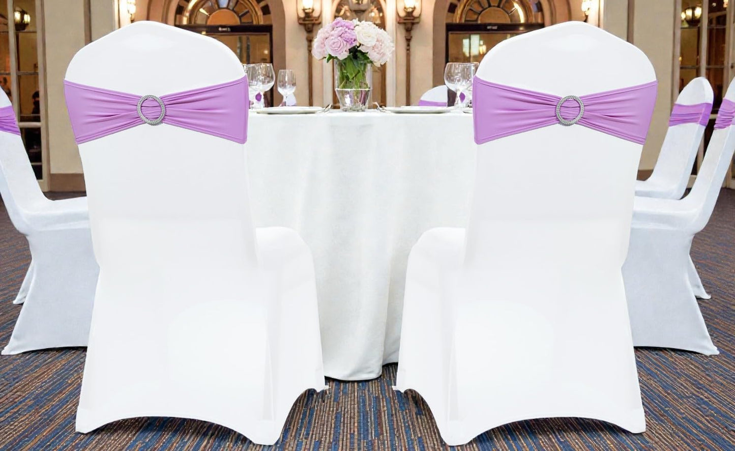MDS Premium Spandex Chair Sashes - Stretchy Bow Covers with Buckle Slider | Pack of 50 - Light Purple