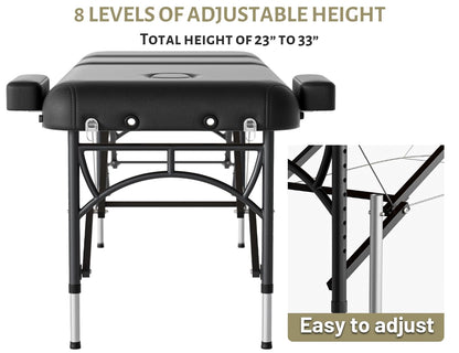 DOVANS Professional Massage Table Portable 3 Fold Premium Memory Foam Aluminium Leg Hold Up to 1100LBS 8 Heights Adjustable with Carrying Bag Black