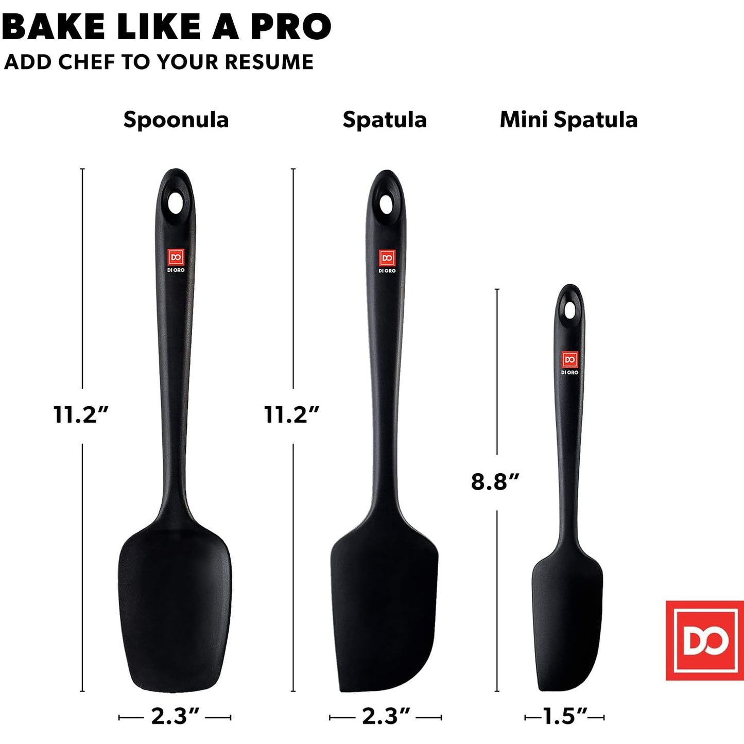DI ORO Silicone Spatula Set - Rubber Kitchen Spatulas for Baking, Cooking, & Mixing - 600°F Heat-Resistant & BPA Free Silicone Scraper Spatulas for Nonstick Cookware - Dishwasher Safe (3pc, Black)