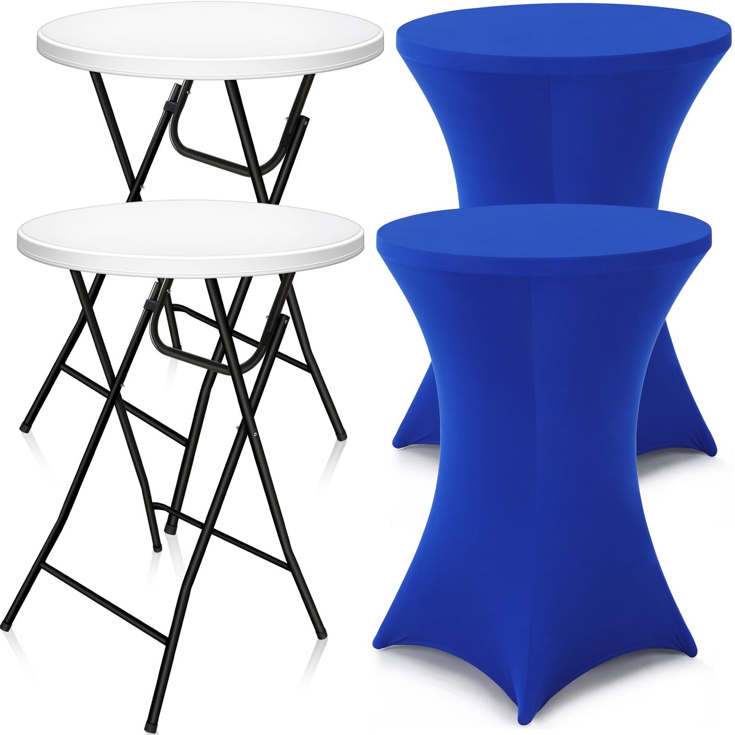 Wenqik 2 Sets 32" High Top Round Folding Cocktail Tables White Bar Height with Removable Legs & 32"x43" Spandex Stretch Table Covers (Royal Blue)